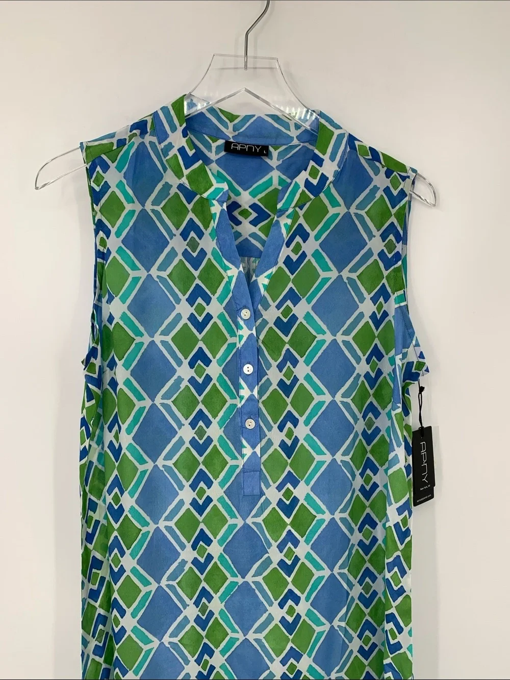 APNY sleeveless shift dress blue green geometric button henley diamond new Large
